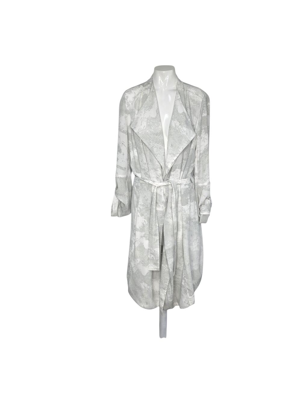 Babaton Draped Open Front trench coat, grey and white abstract print, self tie b